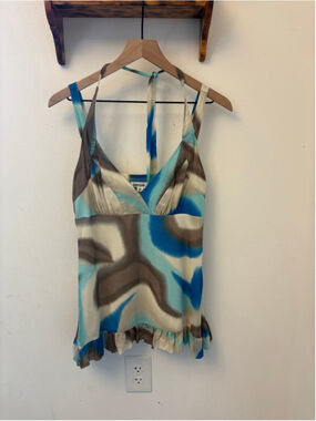 Kensie Y2K Silk Halter Top with Straps Brown Blue Cream Size Medium Vintage